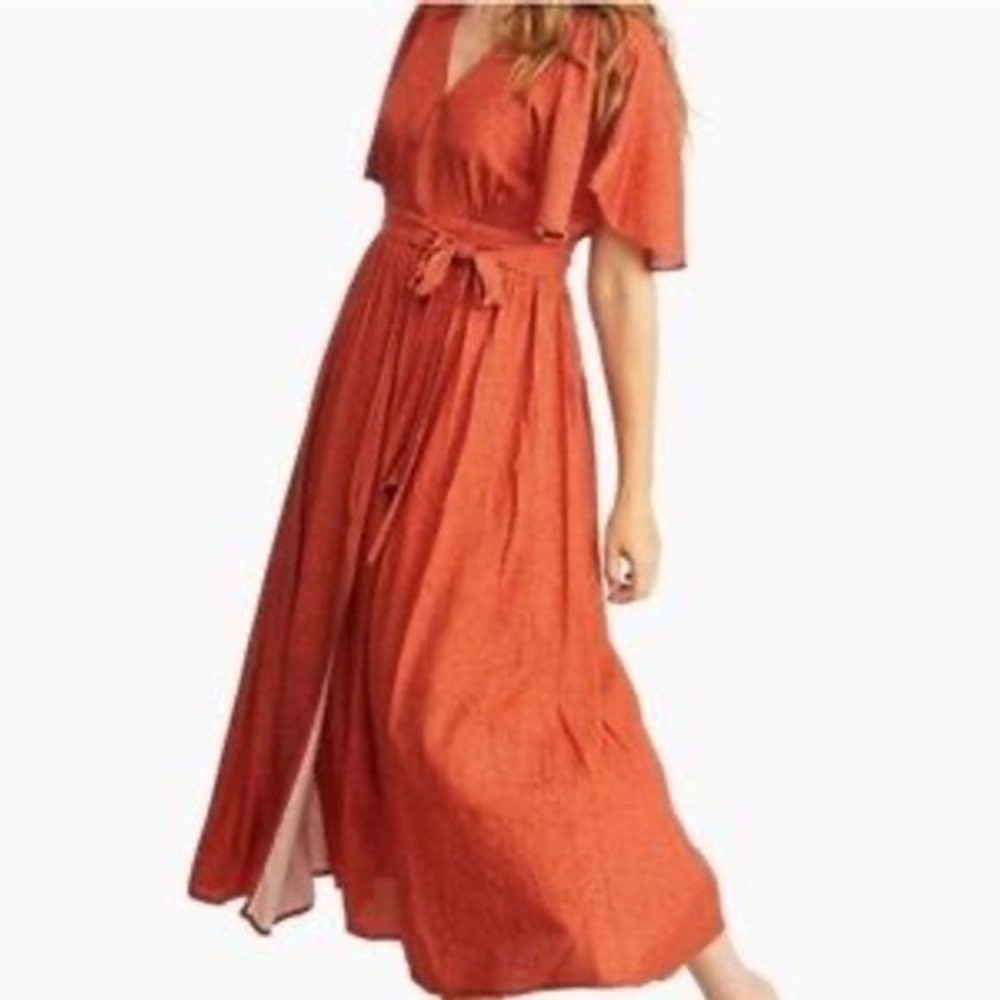 ABLE Loretta midi wrap dress Rust‎ red dot women's size large flutter sleeves